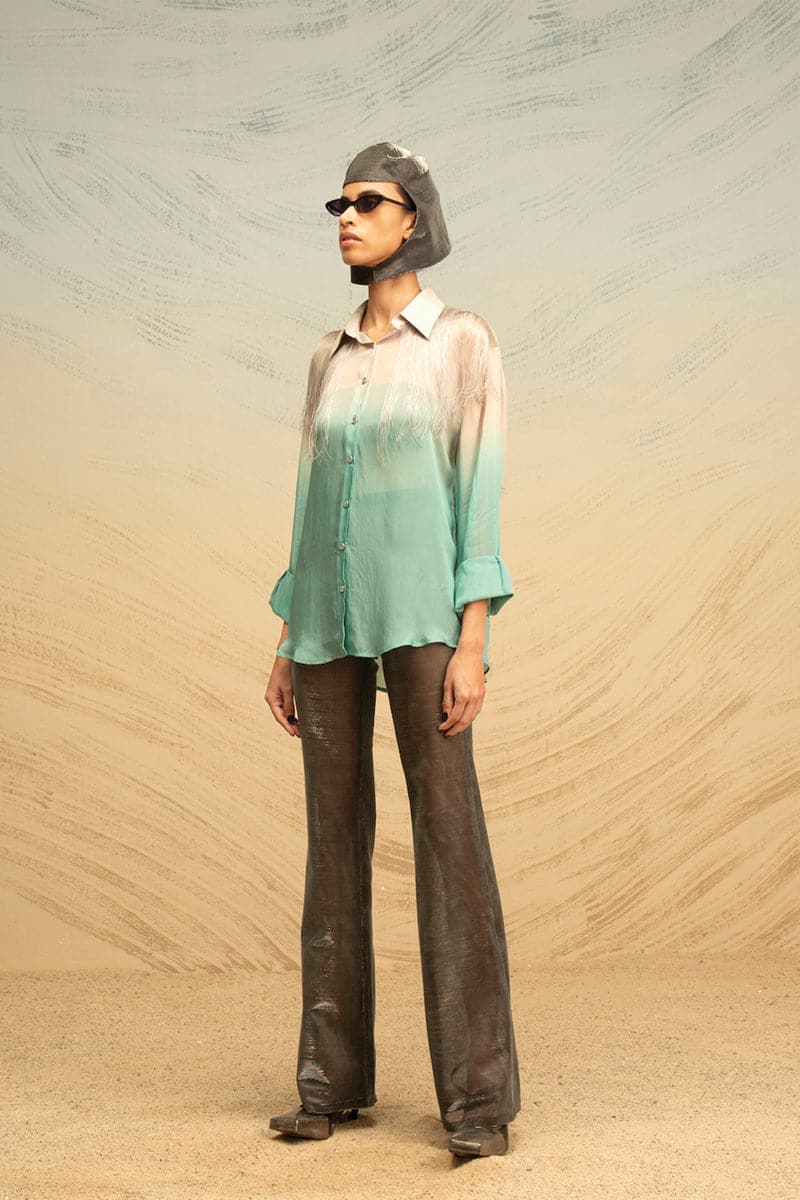 Gray and turquoise silk blouse with fringe detailing and gradient design, by AKHL, shown in XS size.