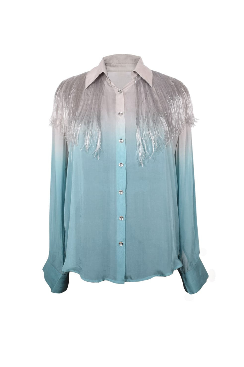 Gray and turquoise silk blouse with fringe detailing from AKHL, featuring a gradient design and stylish top for elegant wear.