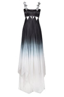 Black and ivory silk gradient maxi dress with sequin straps from AKHL, featuring a flowing design and elegant detailing.