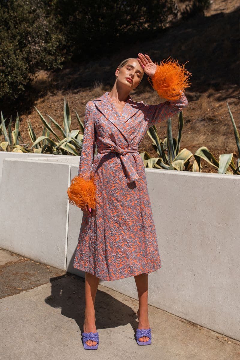 ORANGE COAT WITH DETACHABLE FEATHER CUFFS | Andreeva | CULT MIA