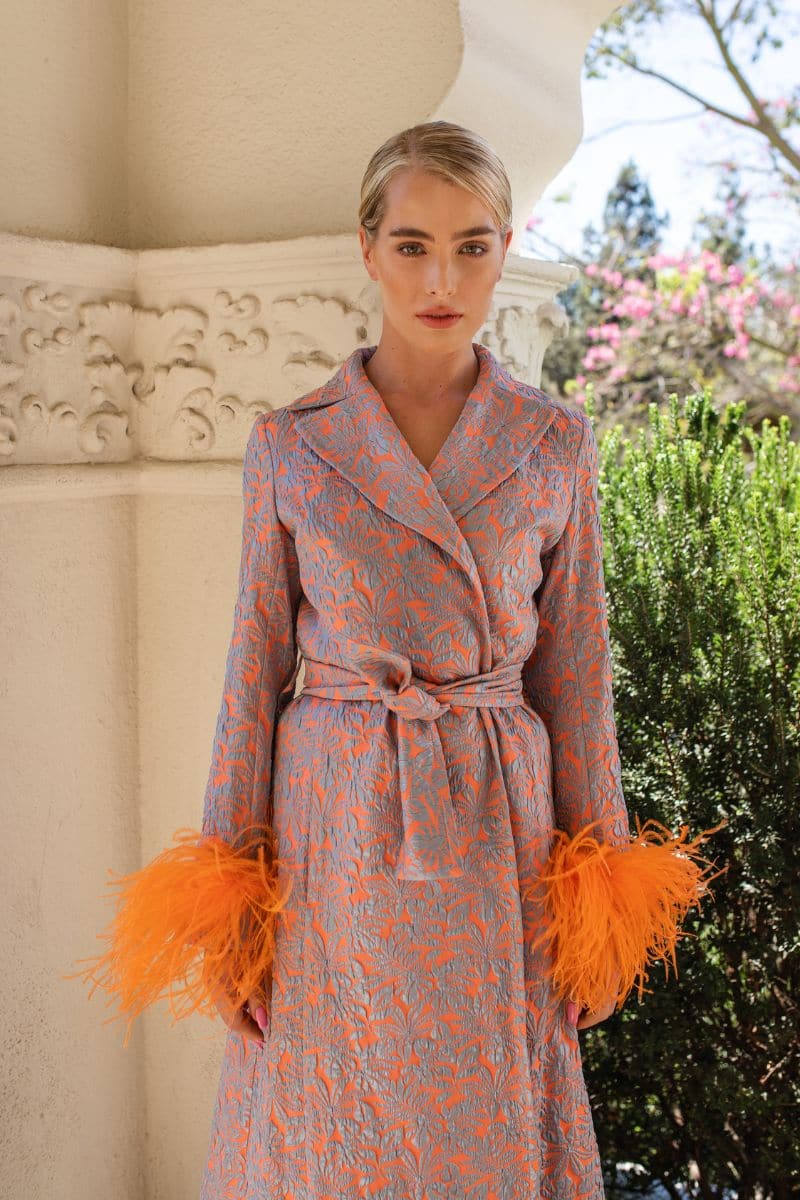 ORANGE COAT WITH DETACHABLE FEATHER CUFFS | Andreeva | CULT MIA