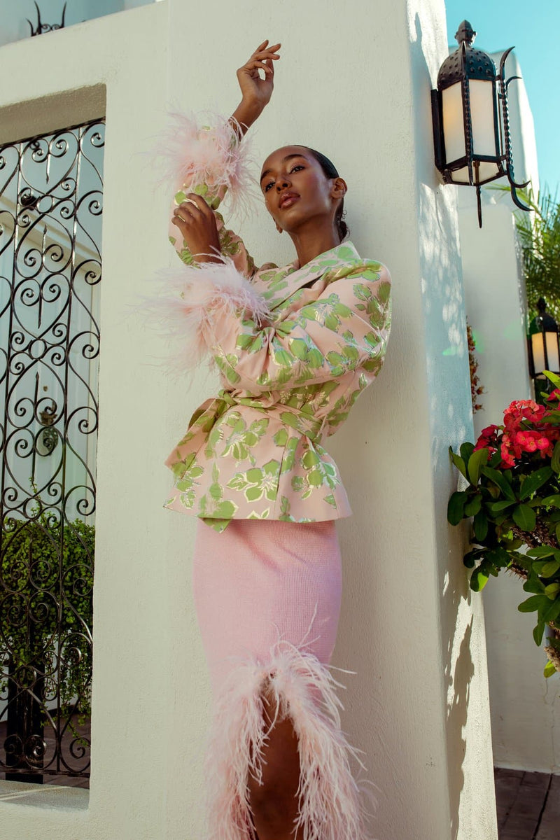 FEATHER-TRIMMED JACQUARD JACKET | Andreeva | CULT MIA