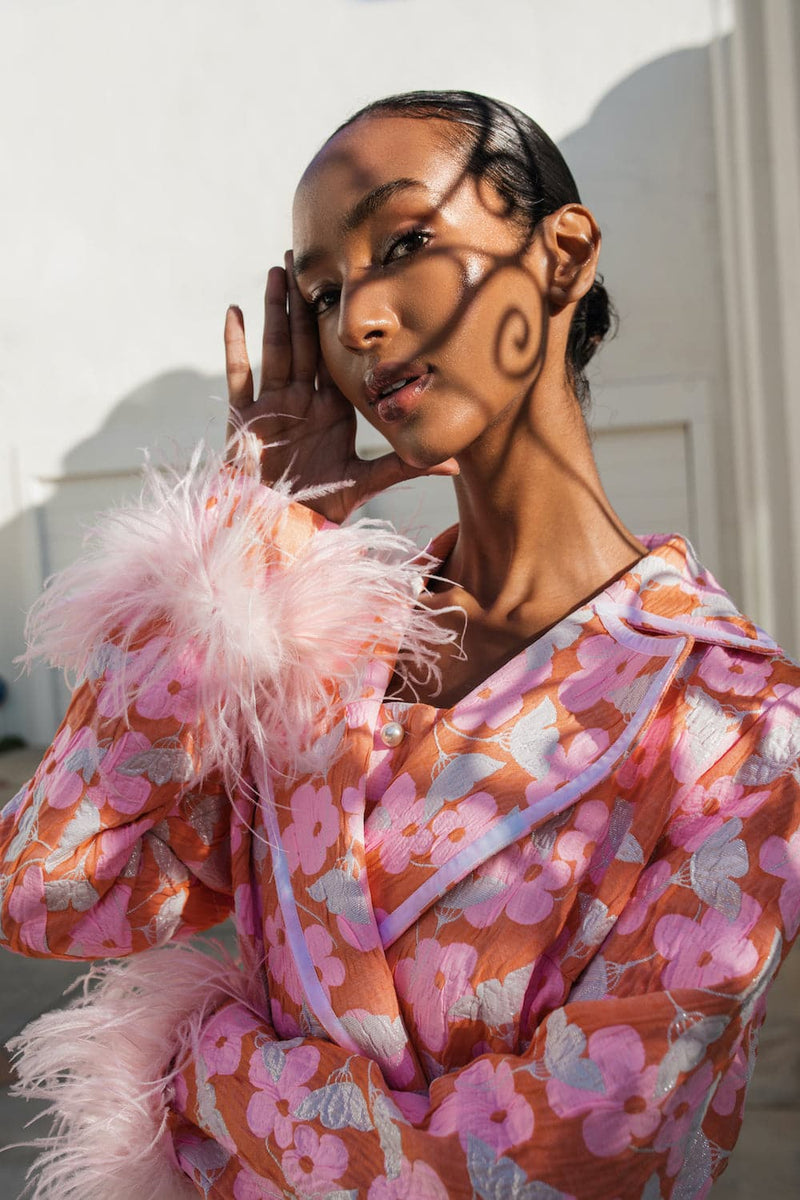 PINK JACKET WITH DETACHABLE FEATHER CUFFS | Andreeva | CULT MIA
