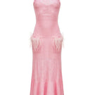 Pink feather-trimmed knit midi dress by Andreeva, shown in an XS size with a stylish, soft fabric and elegant feather details.
