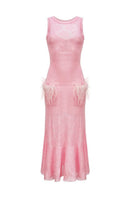 Pink feather-trimmed knit midi dress by Andreeva, shown in an XS size with a stylish, soft fabric and elegant feather details.