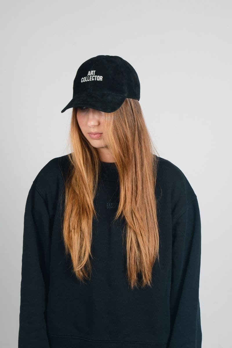 Bassigue Art Collector black upcycled hat with wide brim and textured fabric, one size fits most, stylish and eco-friendly accessory.