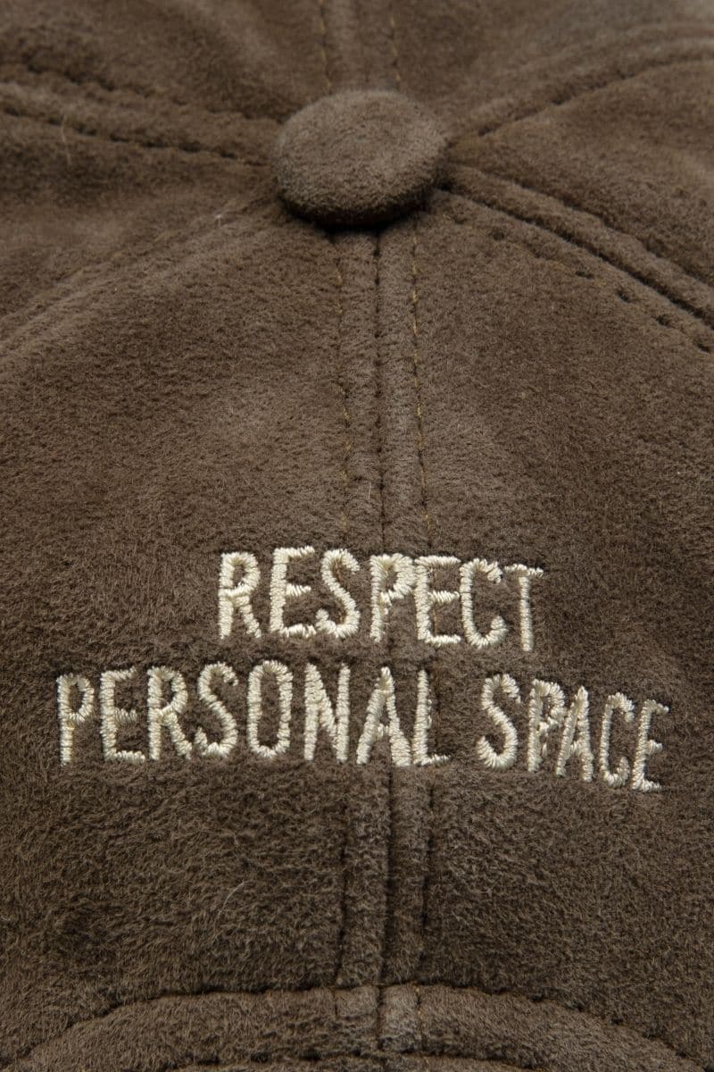 Bassigue Respect Personal Space brown upcycled hat, one size, made from sustainable materials, featuring a stylish design and comfortable fit.