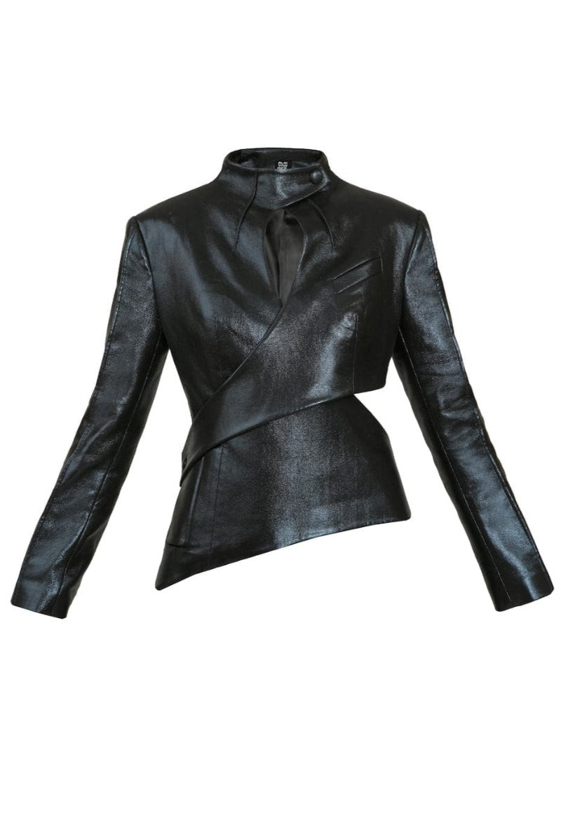 Asymmetric cutout vegan leather blazer by Blikvanger, featuring stylish design and tailored fit, shown in XS size.