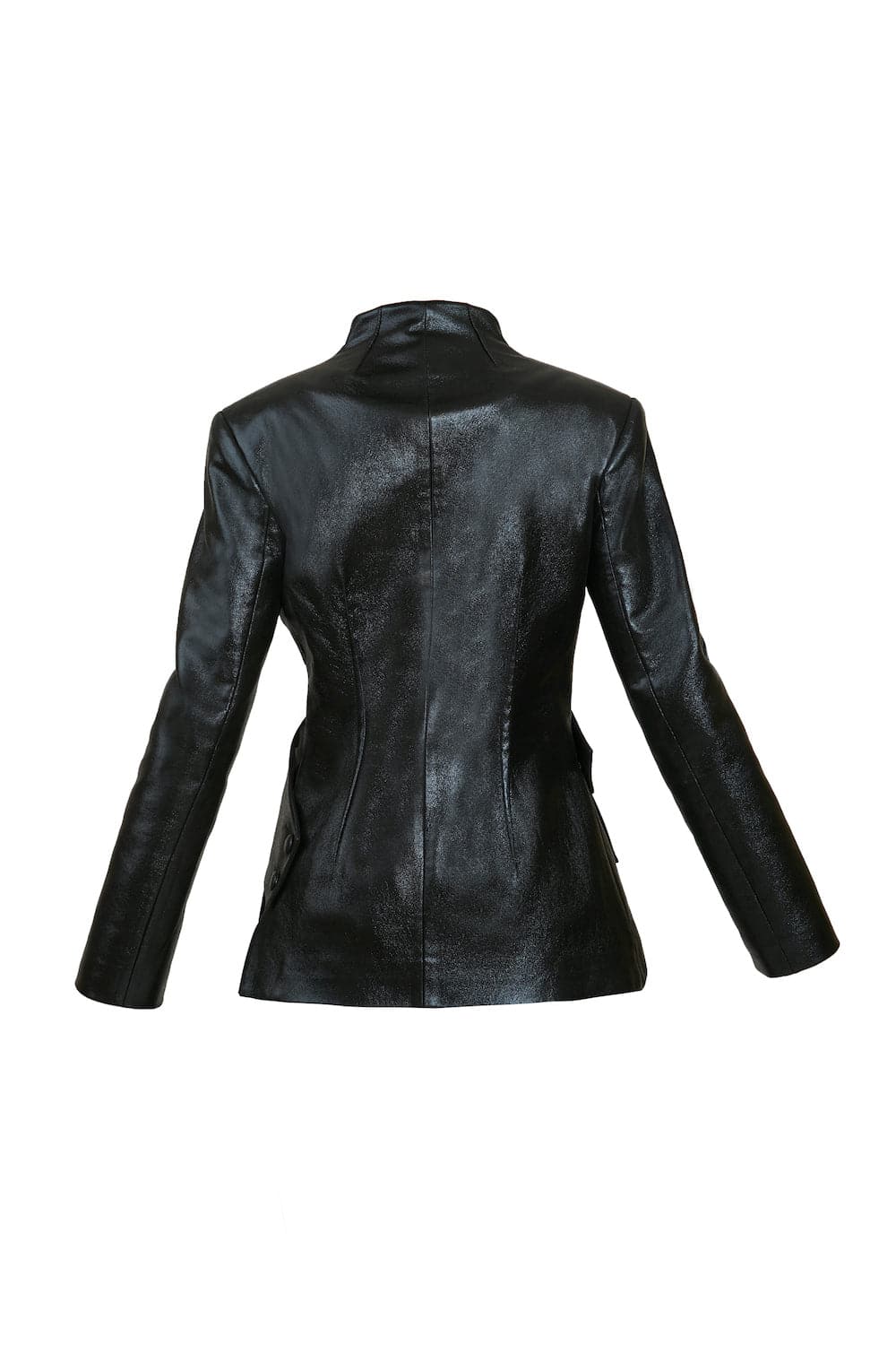 Asymmetric cutout vegan leather blazer by Blikvanger, featuring stylish design and tailored fit, shown in a close-up image.
