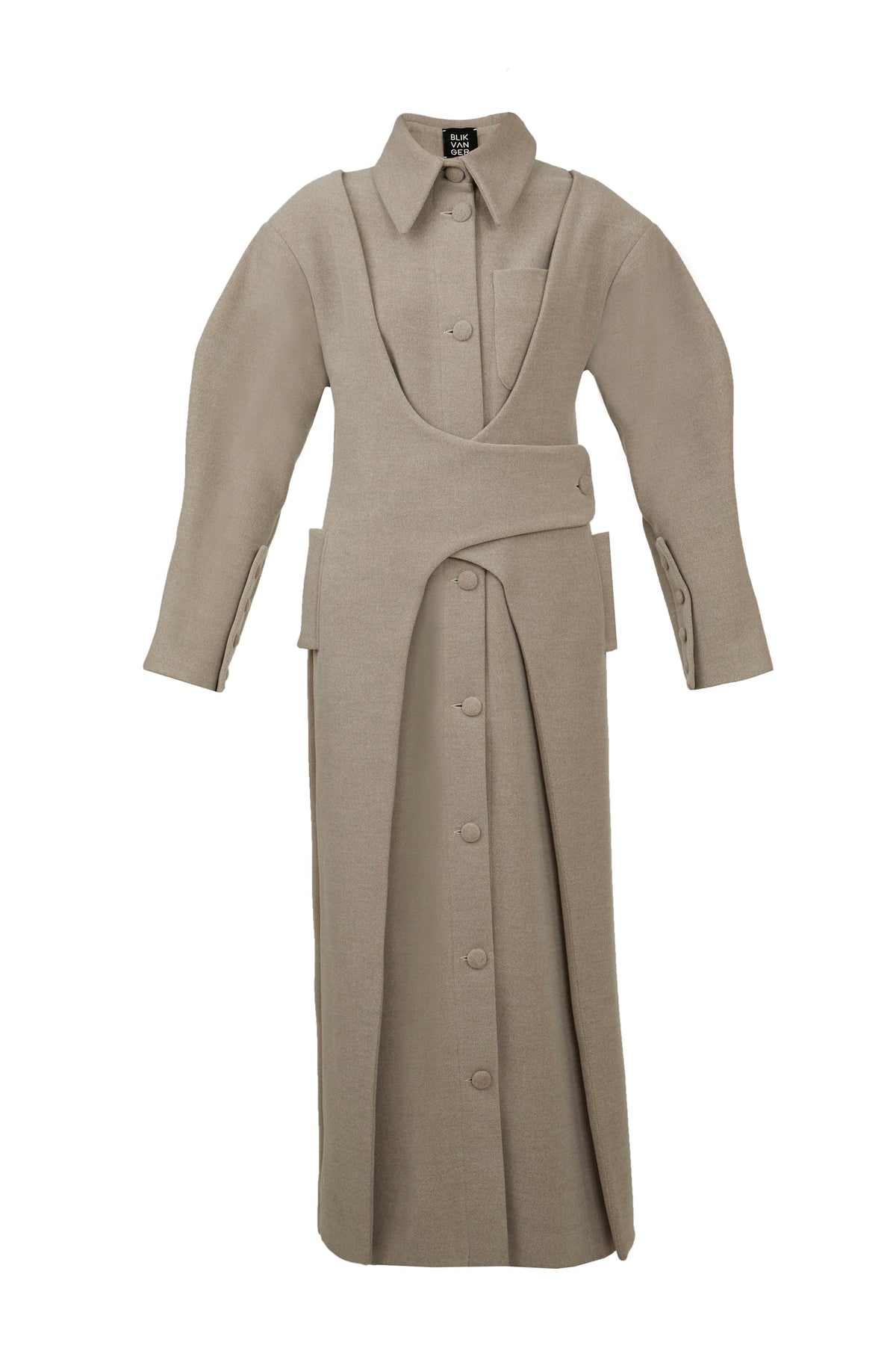 Gray asymmetric wool-blend coat by Blikvanger, featuring a stylish, modern design and tailored fit in a cozy fabric.