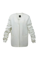 Crumple-sleeve long white blazer by Blikvanger, tailored fit with textured fabric, front buttons, and elegant lapel details.