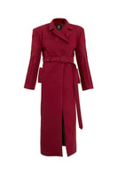 Full-length maroon coat by Blikvanger featuring a structured design, shown hanging on a hanger with front view.