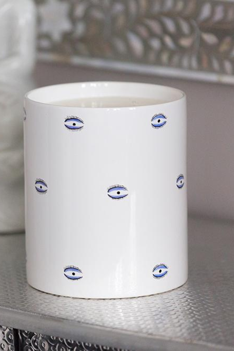Large Casacarta evil eye candle with bold blue and white design, perfect for home decor and protection.