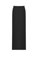 Black Dalood ARIA straight maxi skirt laid flat, showing its long, flowing design and smooth fabric.