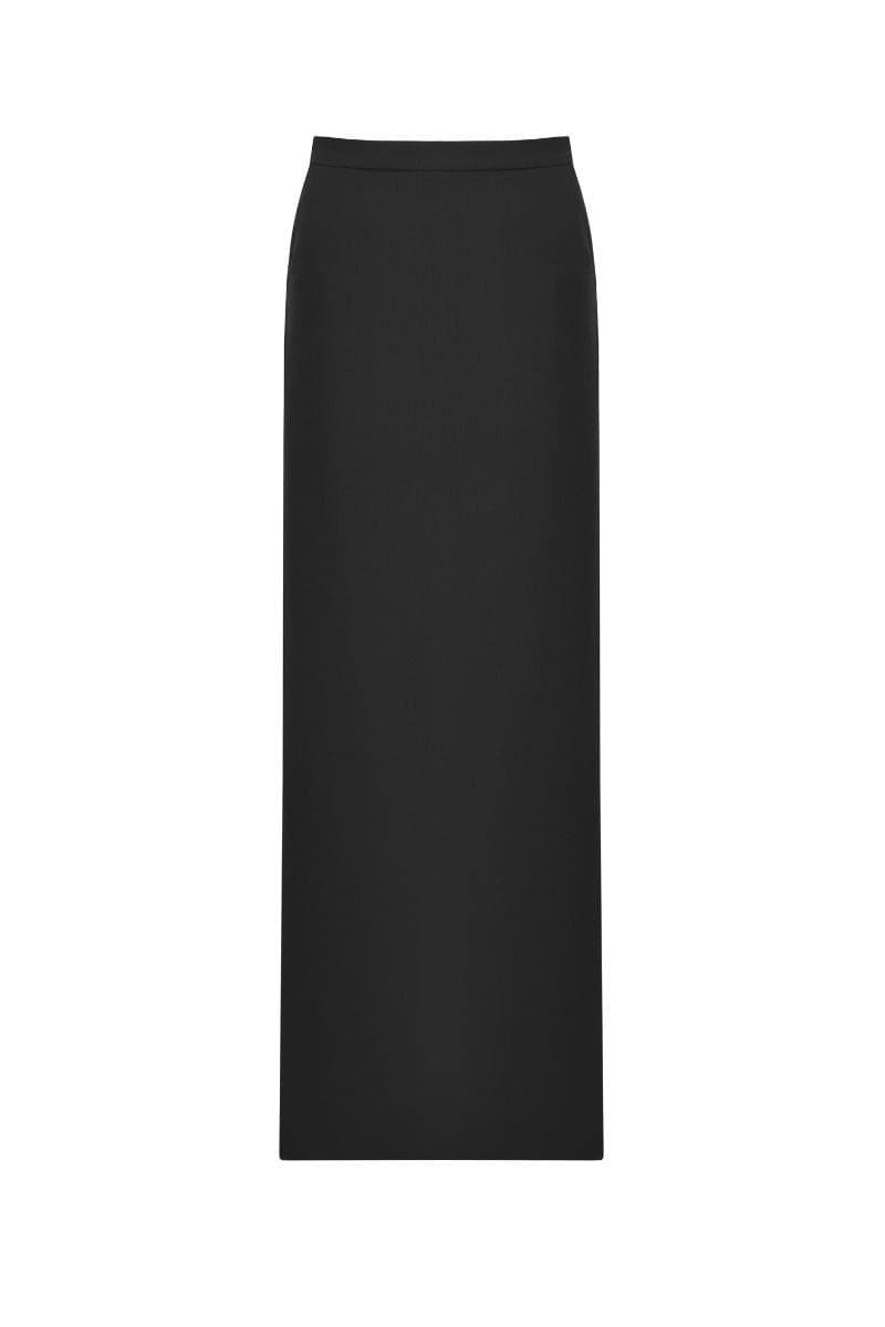 Black Dalood ARIA straight maxi skirt laid flat, showing its long, flowing design and smooth fabric.