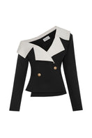 Black Dalood ARIA off-shoulder asymmetric blazer with long sleeves and tailored fit, styled on a model.
