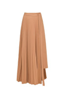Brown Dalood Brianna Maxi Skirt displayed on a model, showcasing its flowy fabric and elegant design.