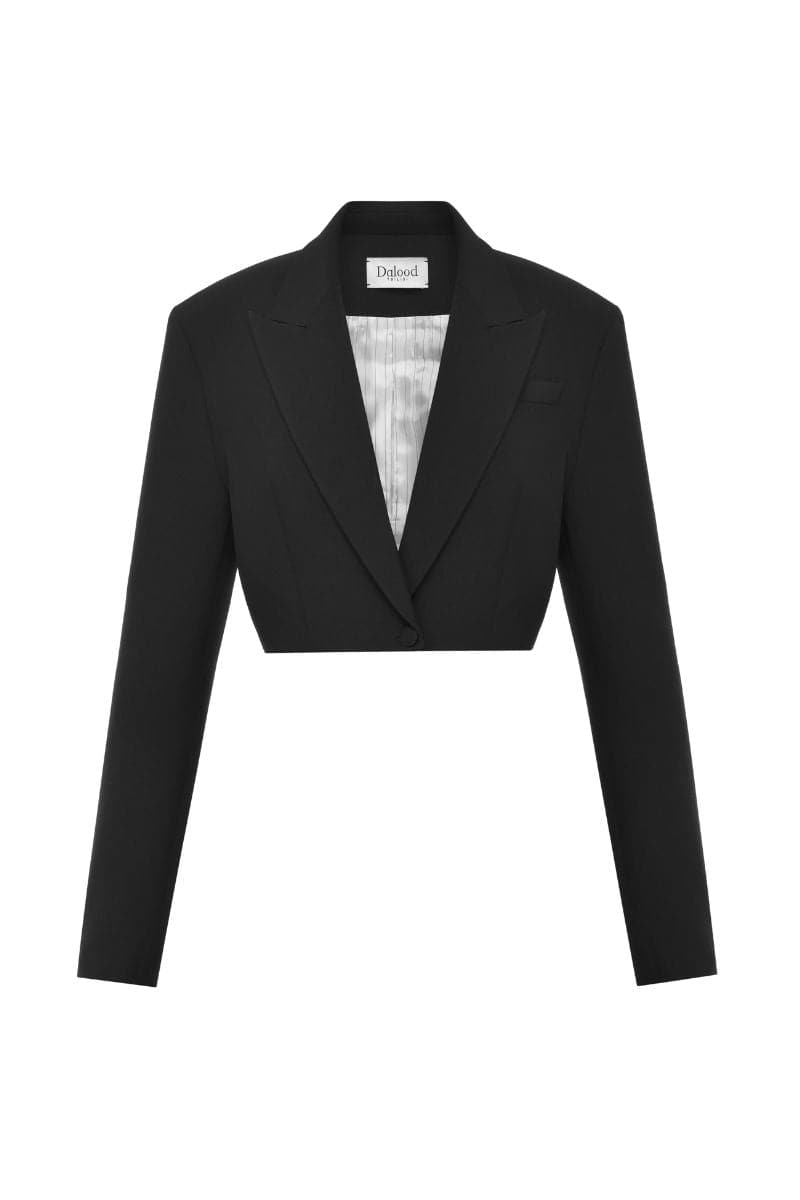 Black Dalood Greta cropped blazer, tailored fit with lapel collar and long sleeves, styled on a neutral background.