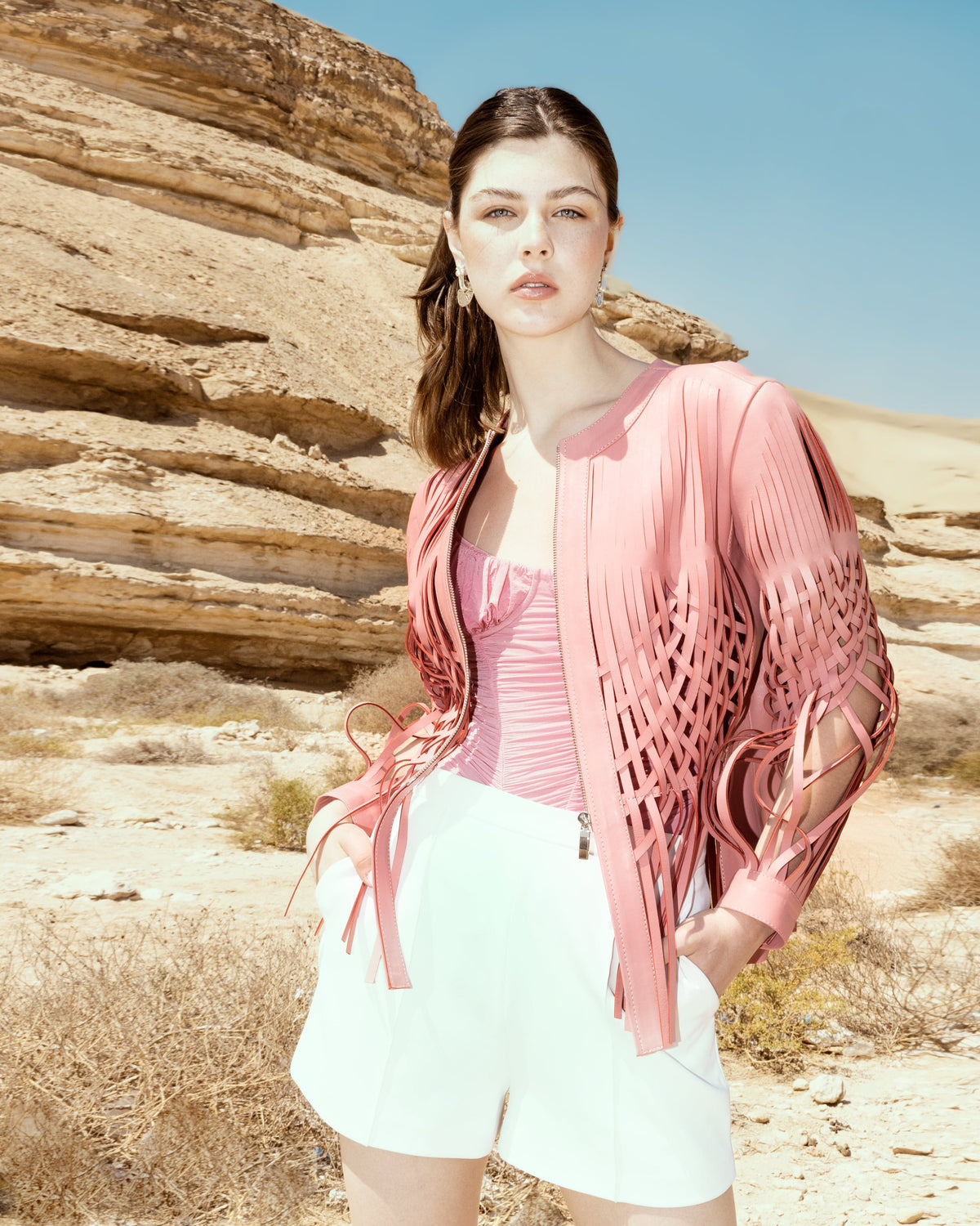 Double A Attalea pink leather jacket in blush pink, stylish jackets for women, shown in XXS size.