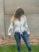 White leather jacket from Double A's AYLA collection, featuring a sleek design and tailored fit.