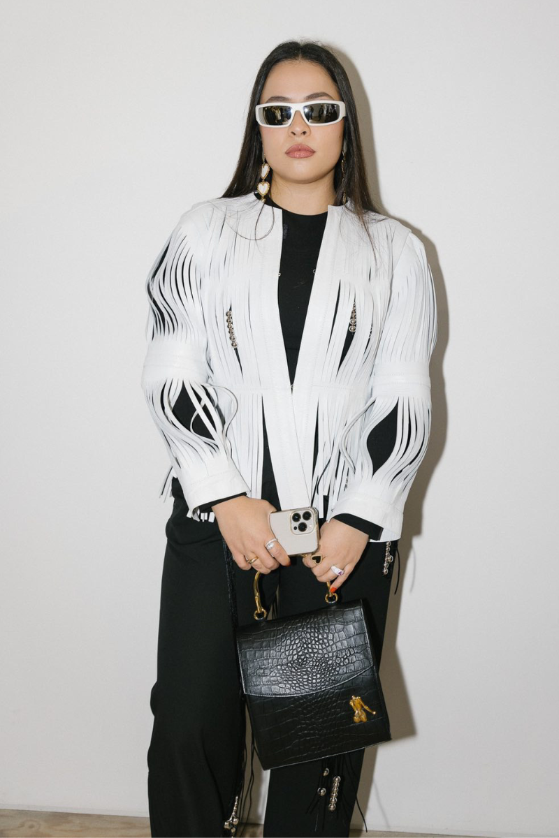 White leather jacket by Double A, AYLA style, featuring a sleek design with visible stitching and a classic collar.