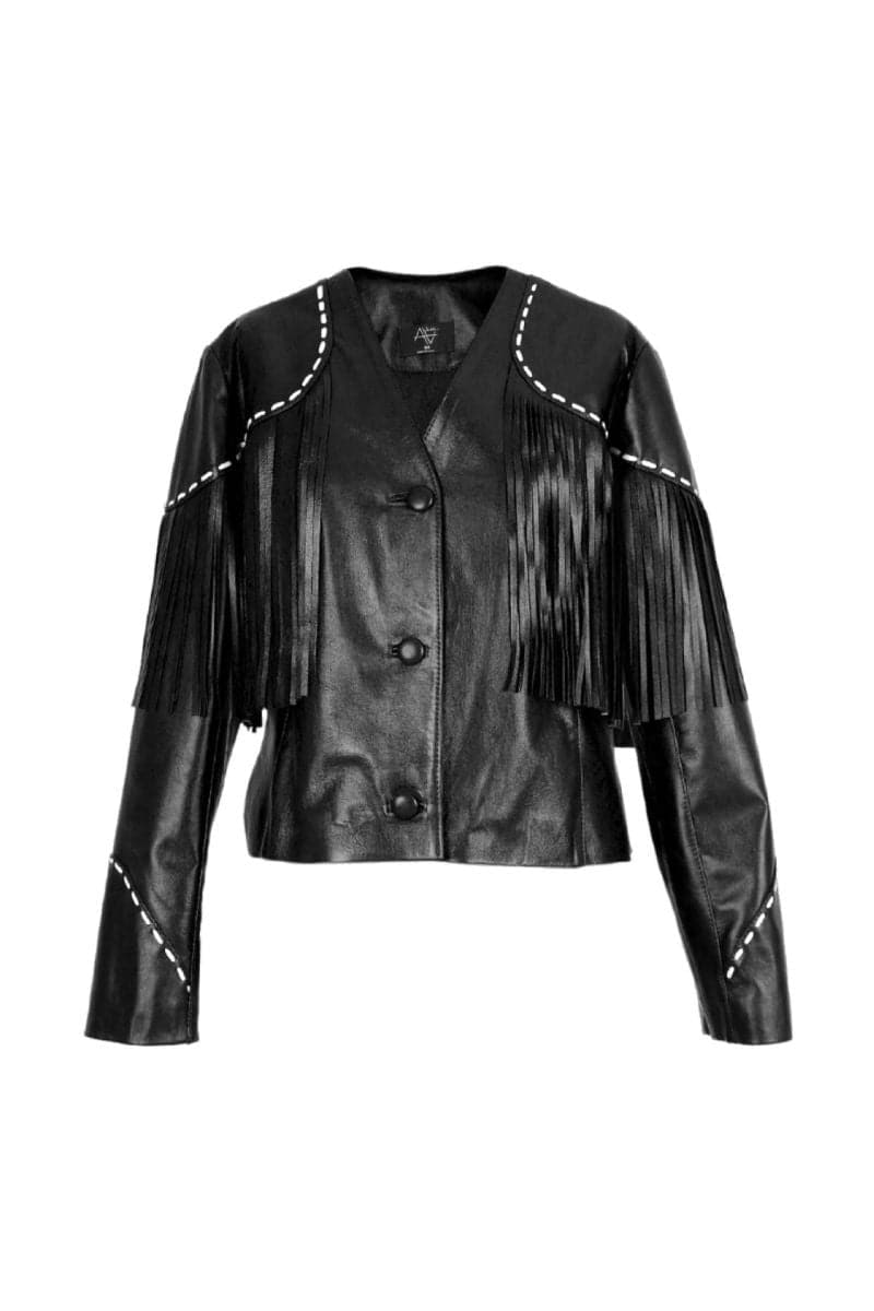 Double A Dalida black fringed leather jacket, showing the stylish leather material with fringe details on the sleeves and front.