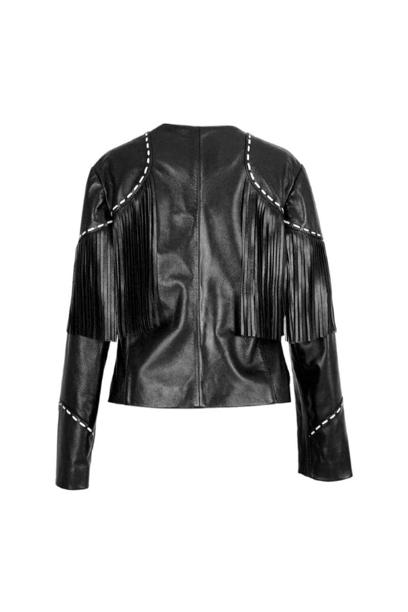Double A Dalida black fringed leather jacket with fringe details and classic design, displayed on a neutral background.