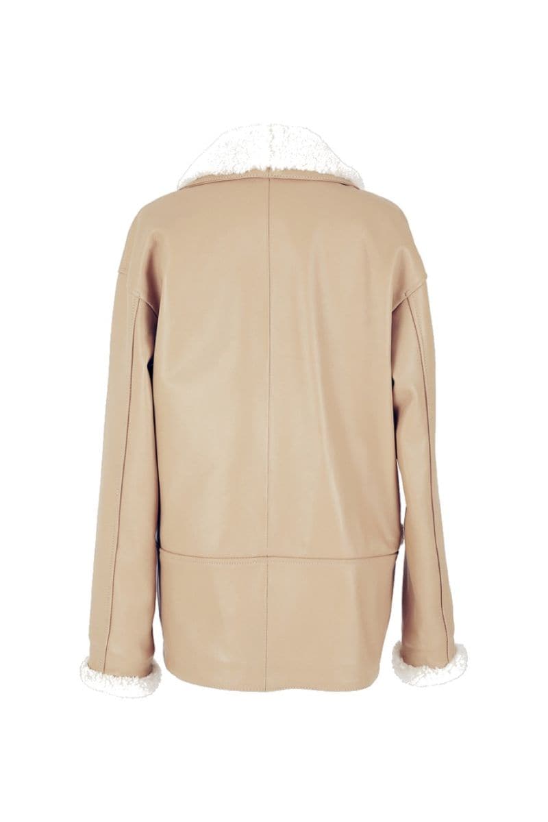 Double A Haydra shearling beige leather jacket, stylish and cozy, shown in a close-up view highlighting the soft shearling interior.