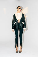Double A Haydra shearling black leather jacket, showing the stylish collar and textured leather material, in size XS.