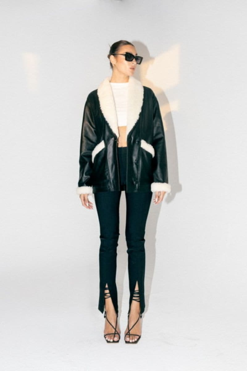 Double A Haydra shearling black leather jacket, showing the stylish collar and textured leather material, in size XS.