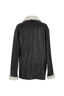 Black leather shearling jacket by Double A, HAYDRA style, featuring a cozy shearling collar and sleek design, shown in XS size.