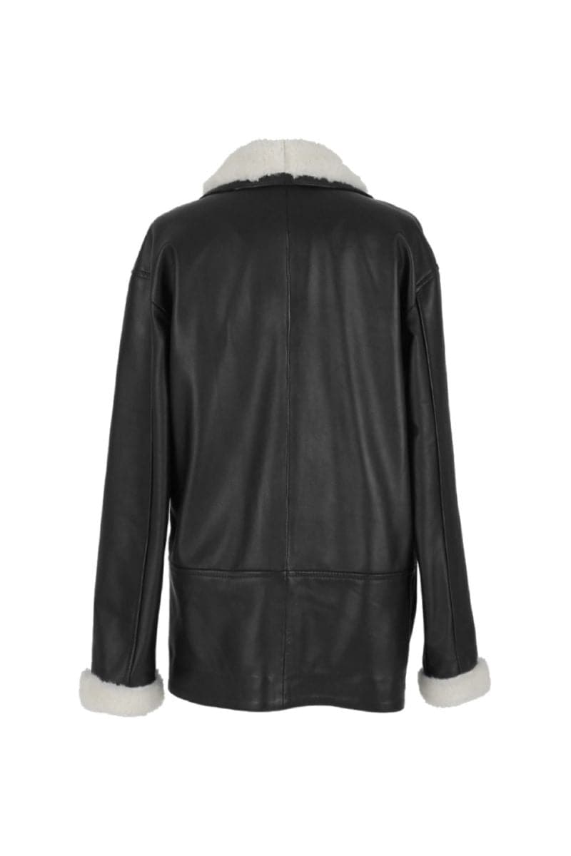 Black leather shearling jacket by Double A, HAYDRA style, featuring a cozy shearling collar and sleek design, shown in XS size.