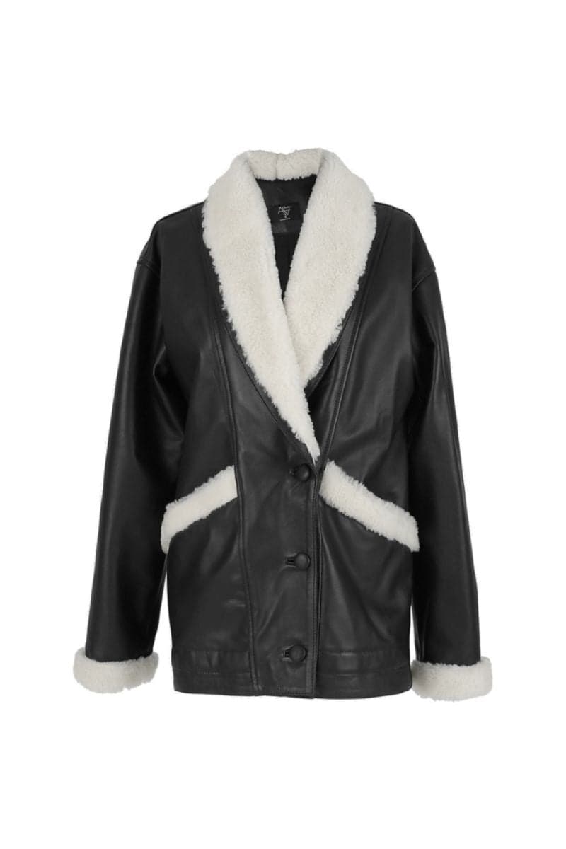 Black leather shearling jacket by Double A, HAYDRA model, featuring a stylish and warm design with shearling lining and classic fit.