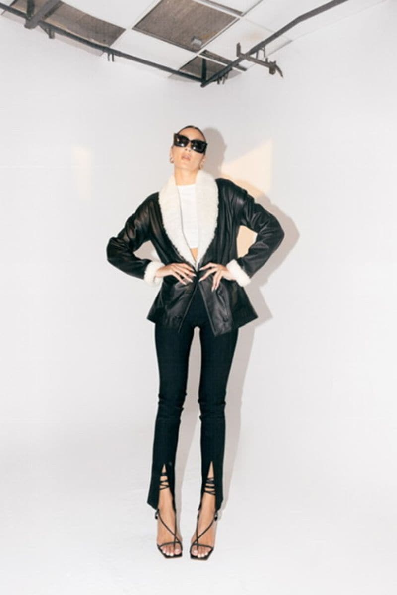 Double A Haydra shearling black leather jacket for women, showing the front view with shearling collar and sleek leather finish.