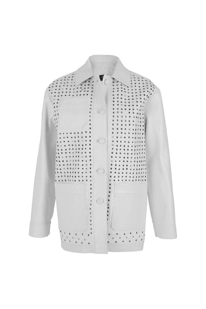White leather jacket by Double A, shown in XS size, featuring a stylish design with smooth leather and classic fit.
