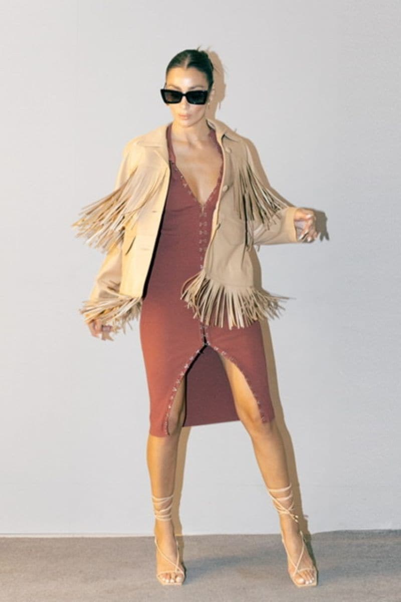 Beige Pyrus Nude fringed leather jacket by Double A, showing the stylish fringed details and classic leather texture.