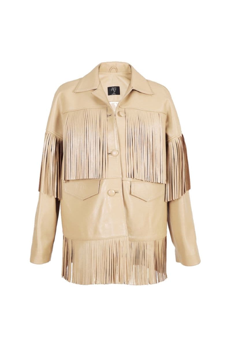 Beige Pyrus Nude fringed leather jacket by Double A, featuring tassel details and a stylish, slim fit design.