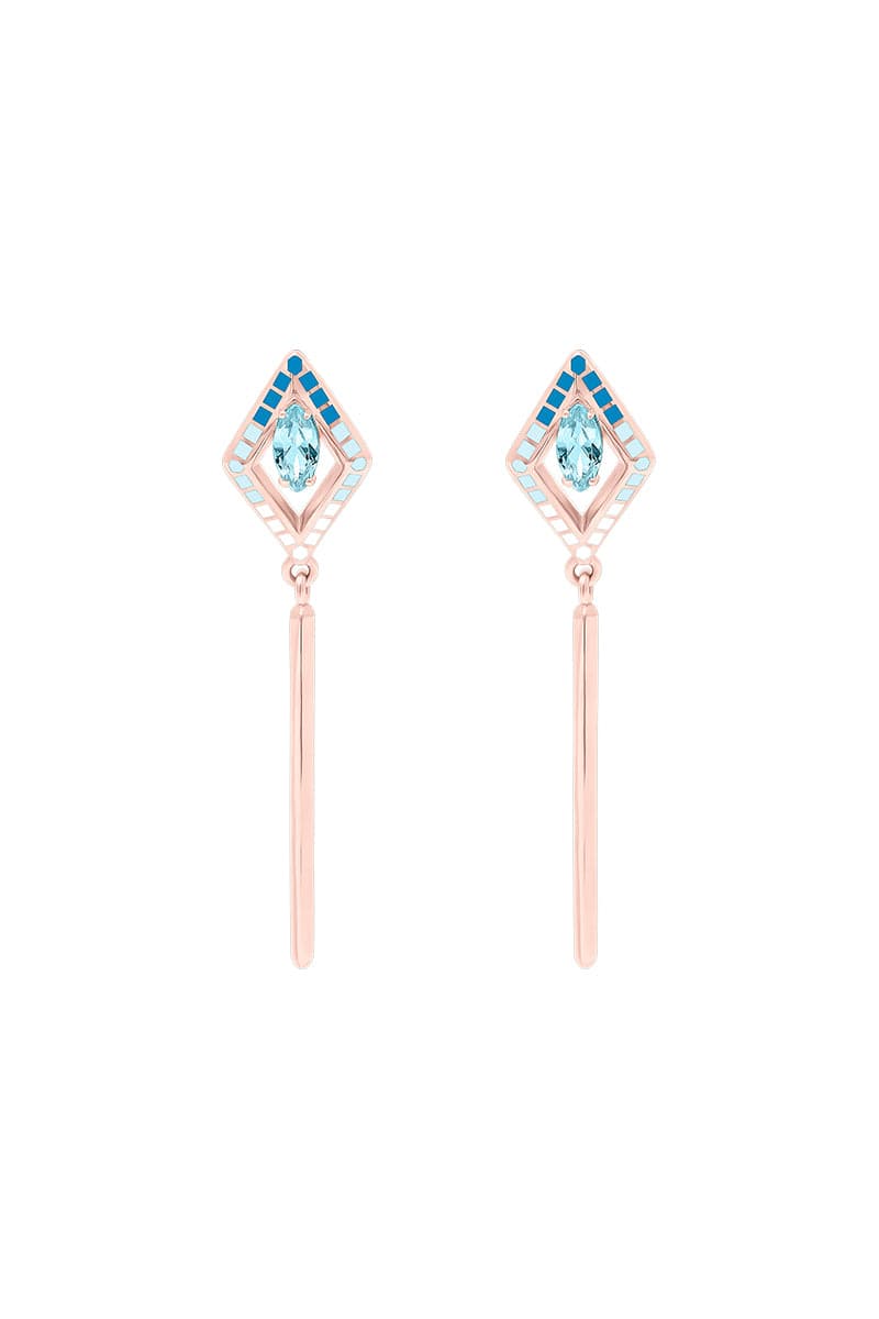 EDXÚ KORA plated drop earrings in rose gold with blue accents, featuring elegant, dangling design and intricate detailing.