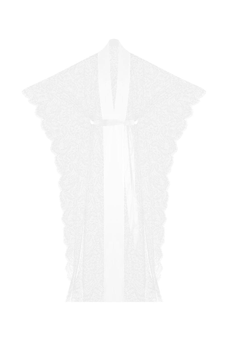 White Kiharu long satin pajamas robe by Entos, showcasing smooth satin fabric and elegant long design.
