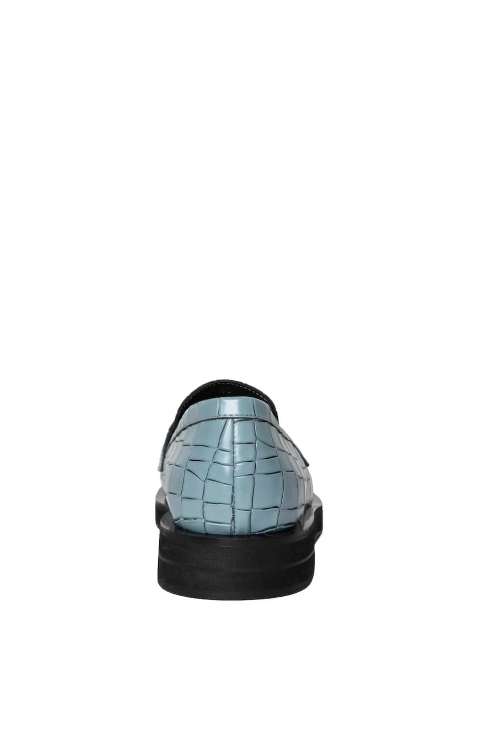 Sky blue Cult Mia X Gvasalia croc-effect leather loafers, stylish flats with textured crocodile pattern.
