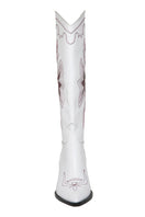 Gvasalia Gigi embroidered leather knee boots in white with detailed embroidery, stylish and elegant footwear for women.
