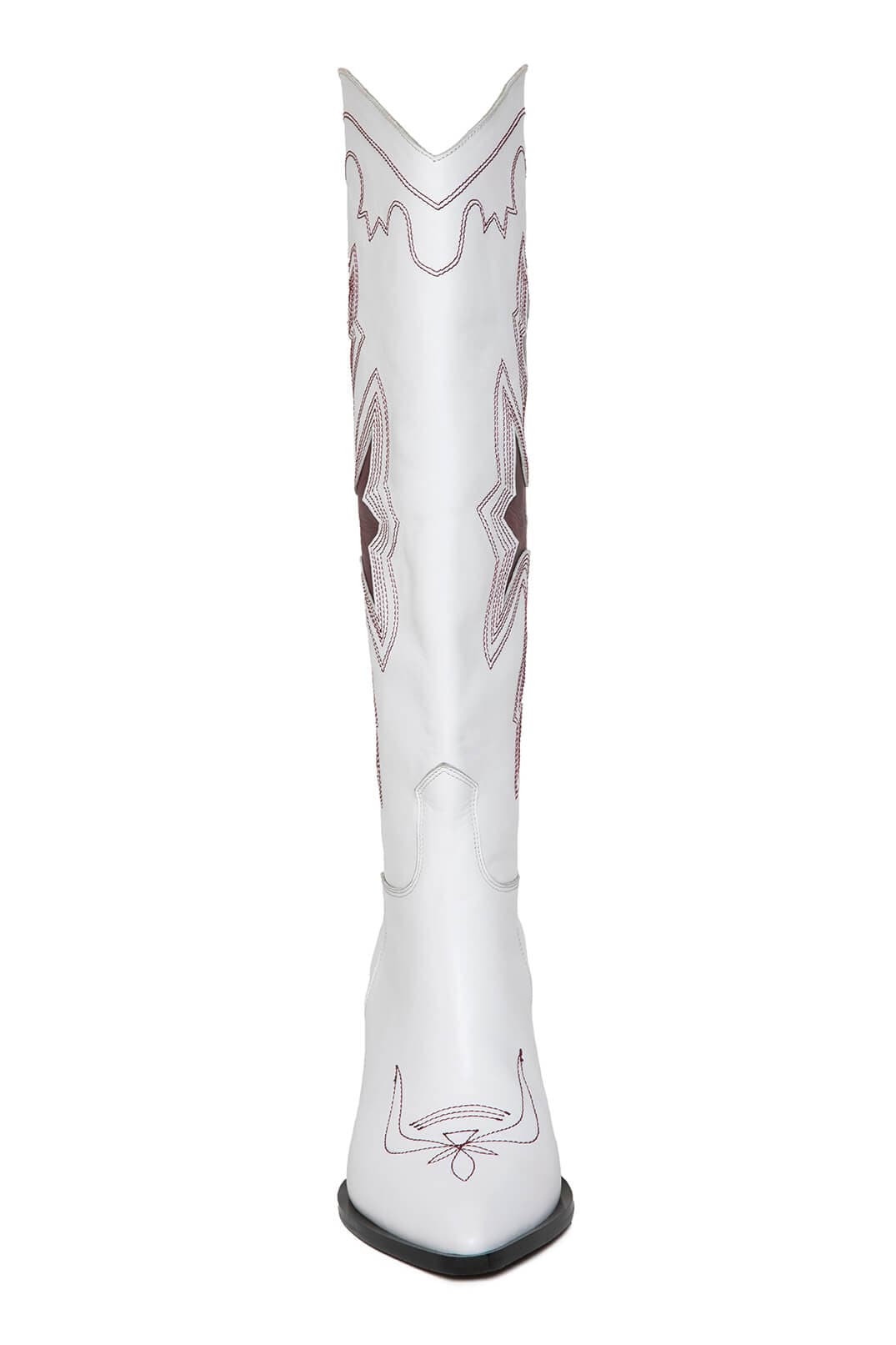 Gvasalia Gigi embroidered leather knee boots in white with detailed embroidery, stylish and elegant footwear for women.