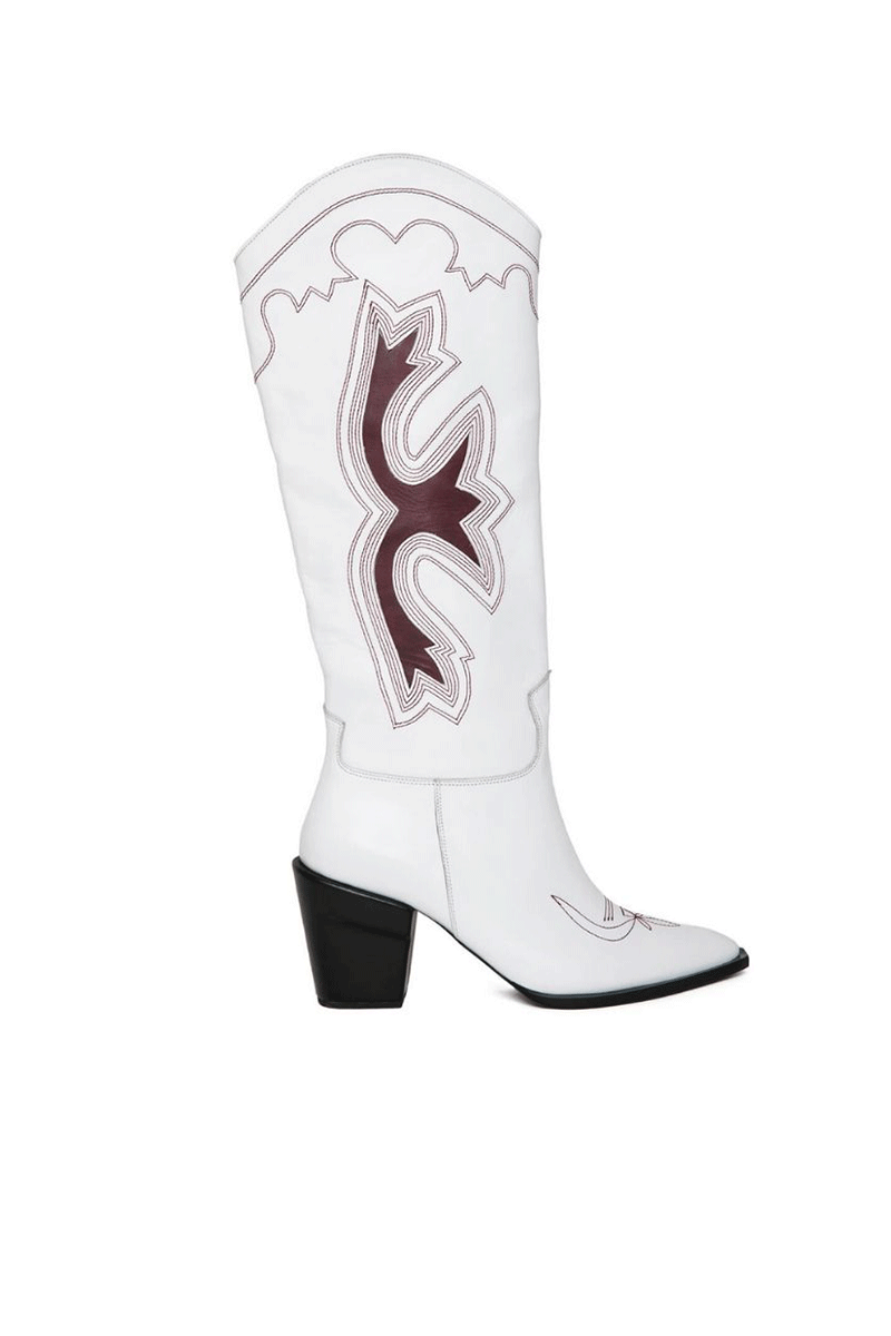 Gvasalia Gigi embroidered leather knee boots in white with detailed embroidery, stylish and elegant footwear for women.