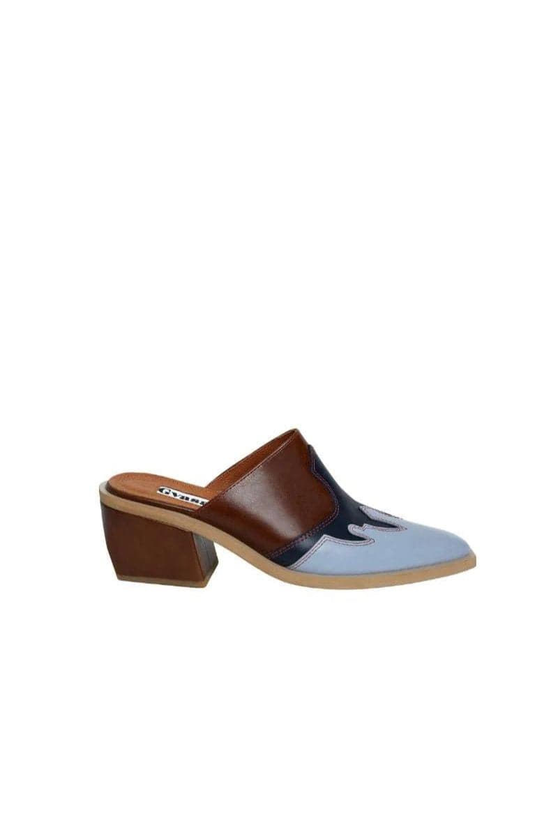 Gvasalia slingback leather cowboy heels in light blue and brown, featuring pointed toes and stylish Western-inspired design.
