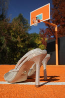 House of Atana Disco Suede Mesh Sling Heels in silver hologram suede, featuring stylish heel and open toe design.