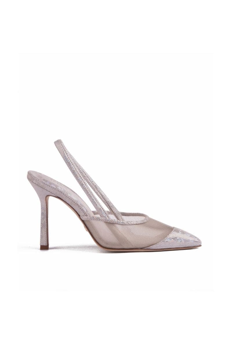 Silver hologram suede sling heels with mesh details from House of Atana, stylish and modern disco-inspired footwear.
