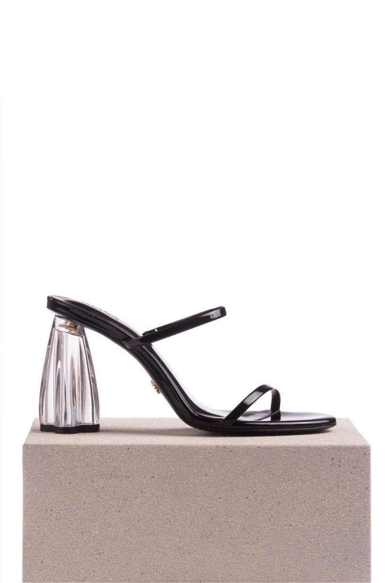 Black patent leather Fiorellini glass block heels sandals by House of Atana with chunky heel and open-toe design.