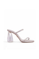 Silver hologram suede block heel sandals by House of Atana with a stylish disco glass design and comfortable fit.