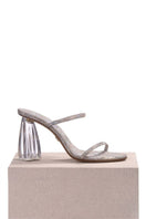 Silver hologram suede block heels sandals by House of Atana with Fiorellini Glass Disco design on the heels.
