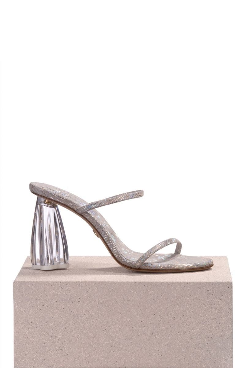 Silver hologram suede block heels sandals by House of Atana with Fiorellini Glass Disco design on the heels.